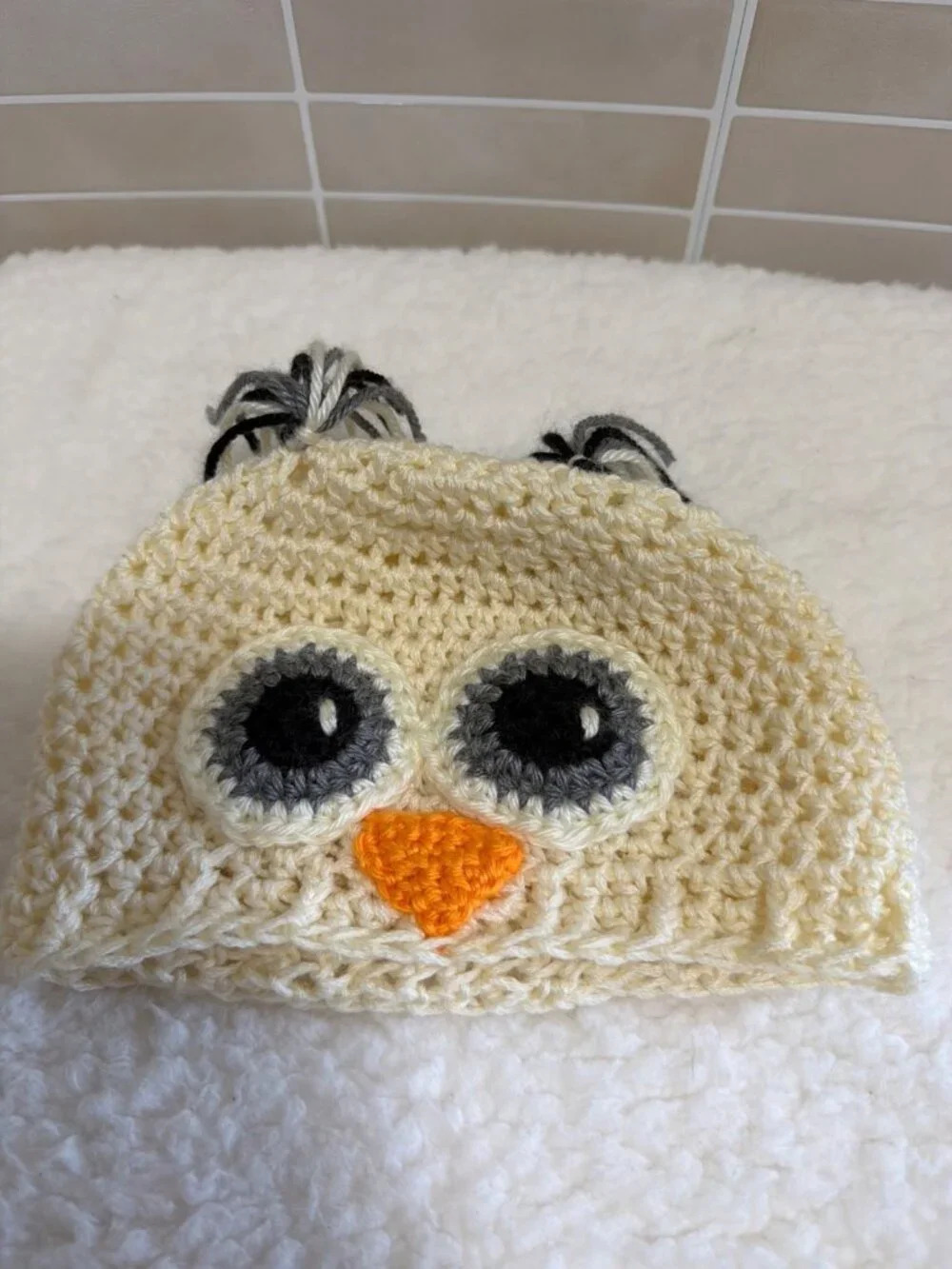 Handmade Crochet Owl Hat Cream with Gray Ear Tufts & Large Detailed Eyes